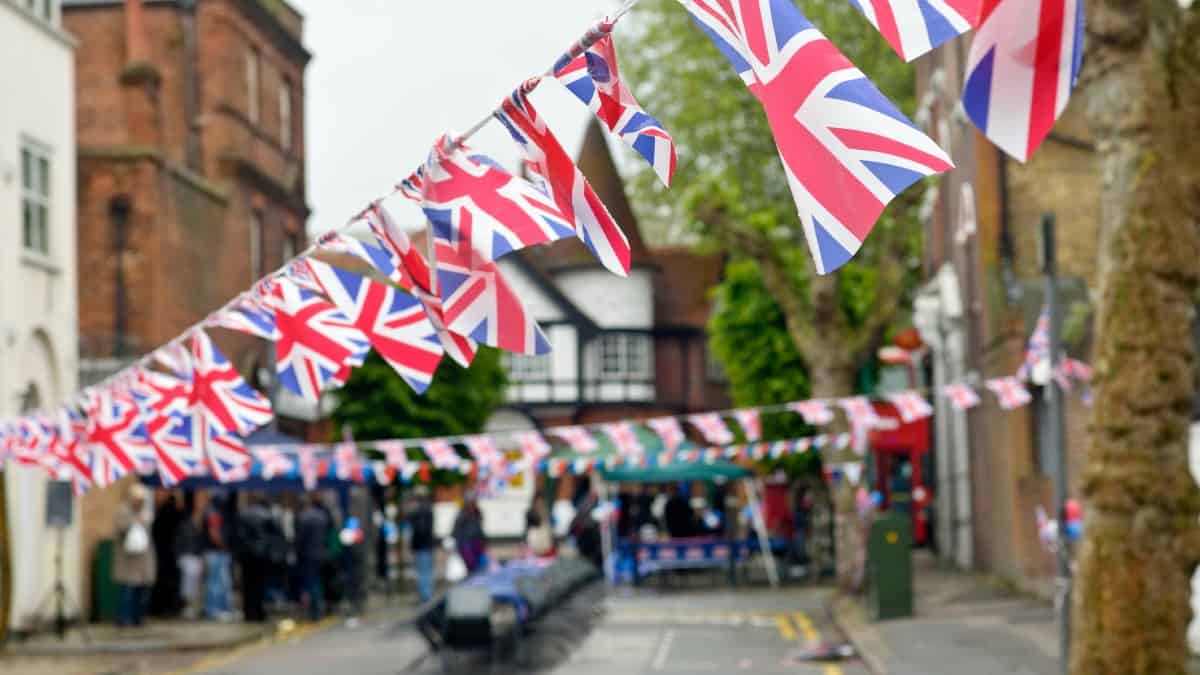 photo of Union Jack flags bunting in local street party