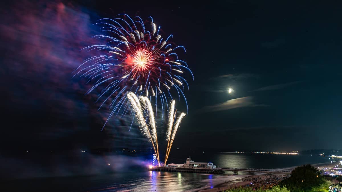 Bournemouth at night with a fireworks display from the pier