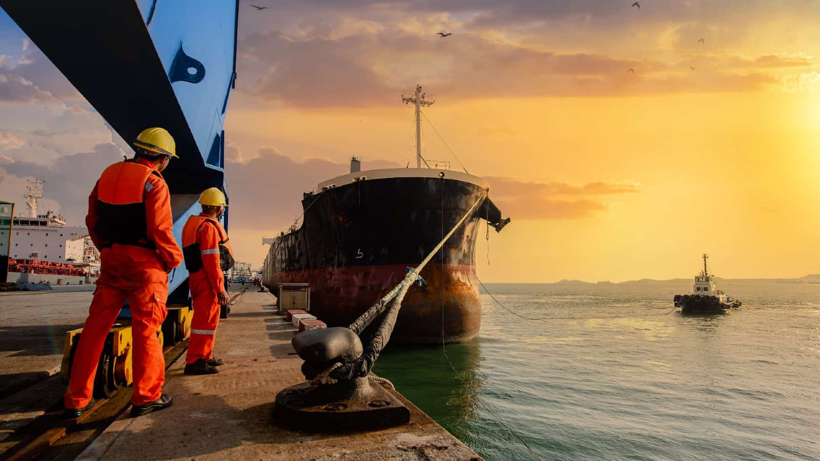 Tanker coming in to dock in calm waters and a clear sunset