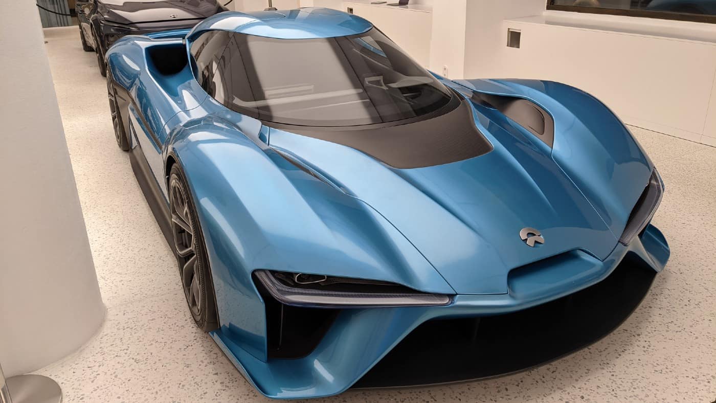 Blue NIO sports car in Oslo showroom