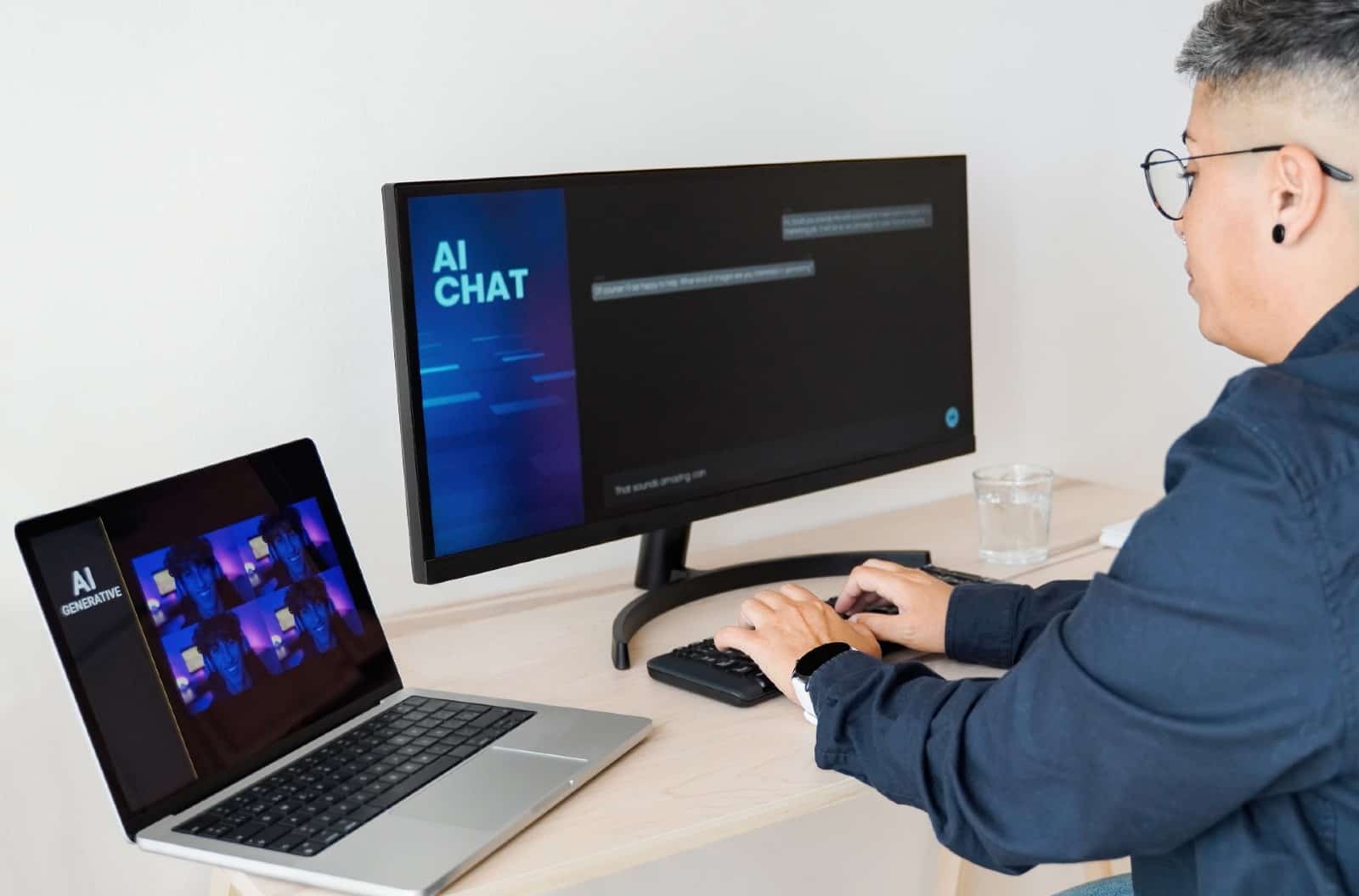 Business woman creating images with artificial intelligence inside office