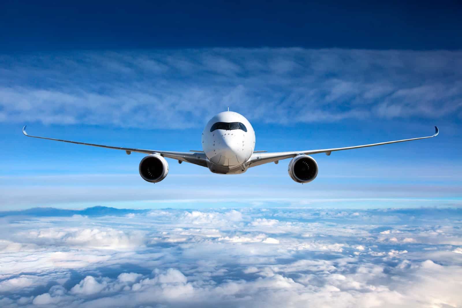 Front view of aircraft in flight.