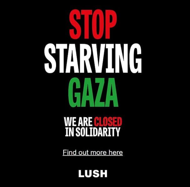 High street cosmetics chain Lush has closed all of its UK shops, factories and its website in a one-day protest over the humanitarian crisis in Gaza.