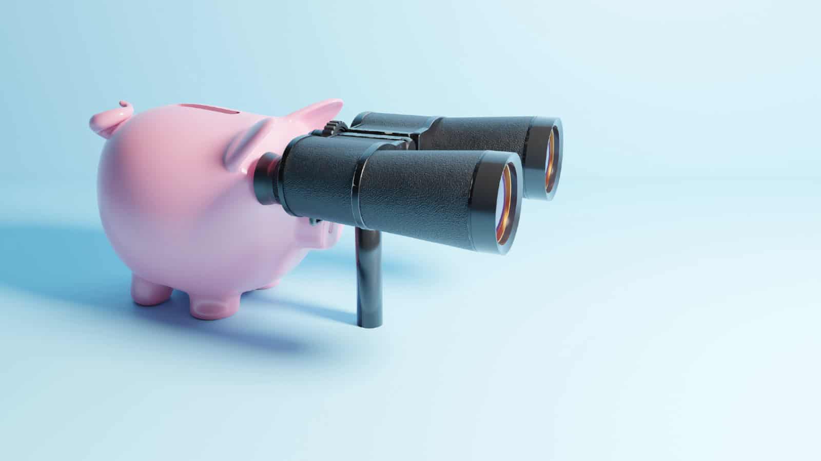 piggy bank, searching with binoculars