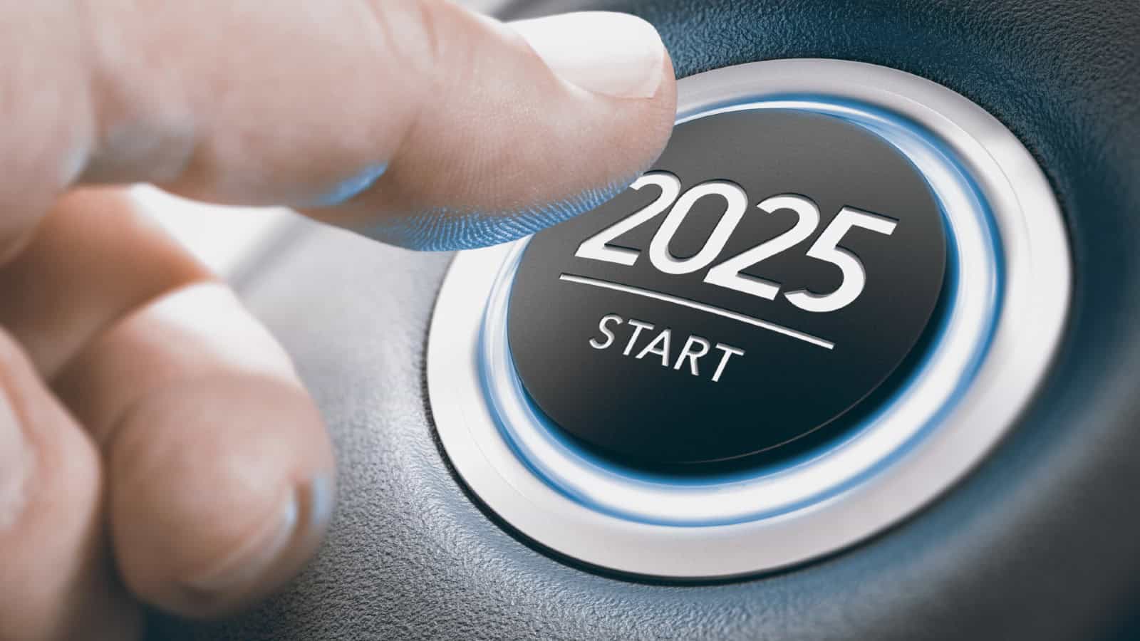 Finger pressing a car ignition button with the text 2025 start.