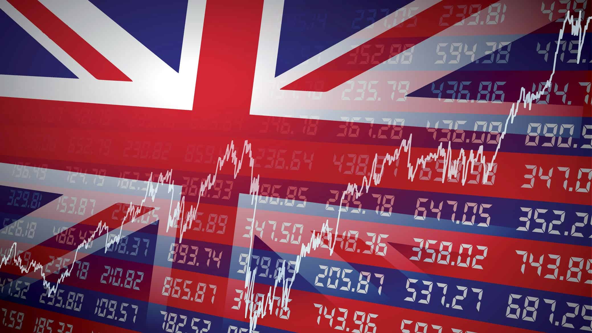 UK financial background: share prices and stock graph overlaid on an image of the Union Jack