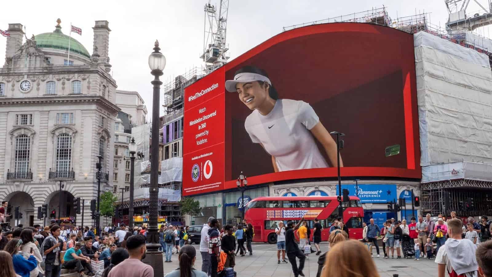Emma Raducanu for Vodafone billboard animation at Piccadilly Circus, London